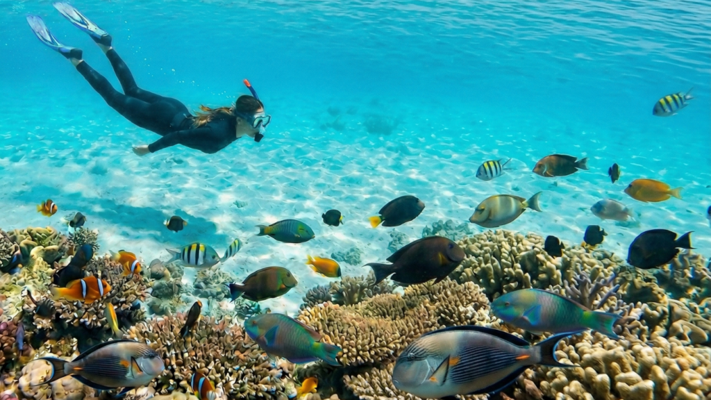 Whale shark swimming alongside snorkelers in clear blue waters of the Maldives